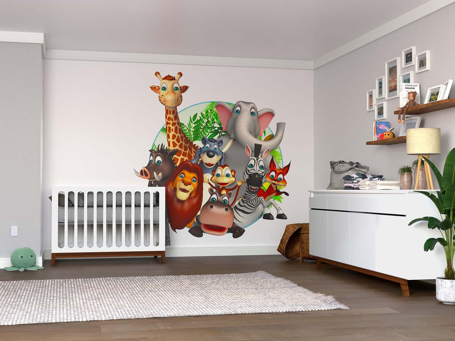 A nursery with a white crib, dresser, and shelves. Above the crib, the "Cheerful Safari Group Wall Mural" features smiling cartoon jungle animals and lush green leaves, brightening the wall.