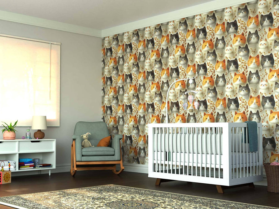 A nursery with a white crib, green armchair holding a teddy bear, and a shelf. The Cozy Cat Cuddles Wall Mural in orange, gray, and white decorates the back wall. Soft light enters through a window onto a warm patterned rug.