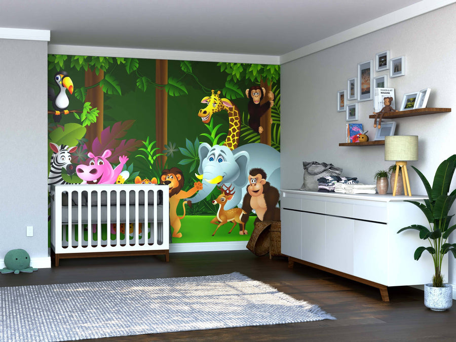 A nursery with a white crib, dresser, and plants features the Cute Animal Collection Wall Mural—removable wallpaper with cartoon jungle animals like giraffe, elephant, zebra, and monkey—for a playful touch.