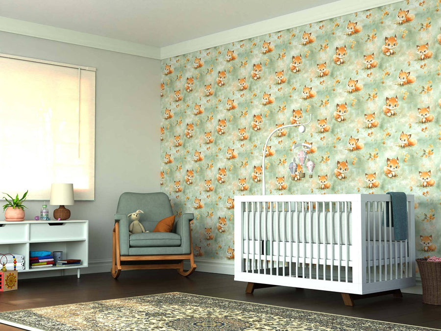 A nursery with a white crib, green armchair, and patterned carpet. The wall displays the Cute Fox Wall Mural; soft light enters through window blinds. A white shelf holds books, a lamp, and decor.