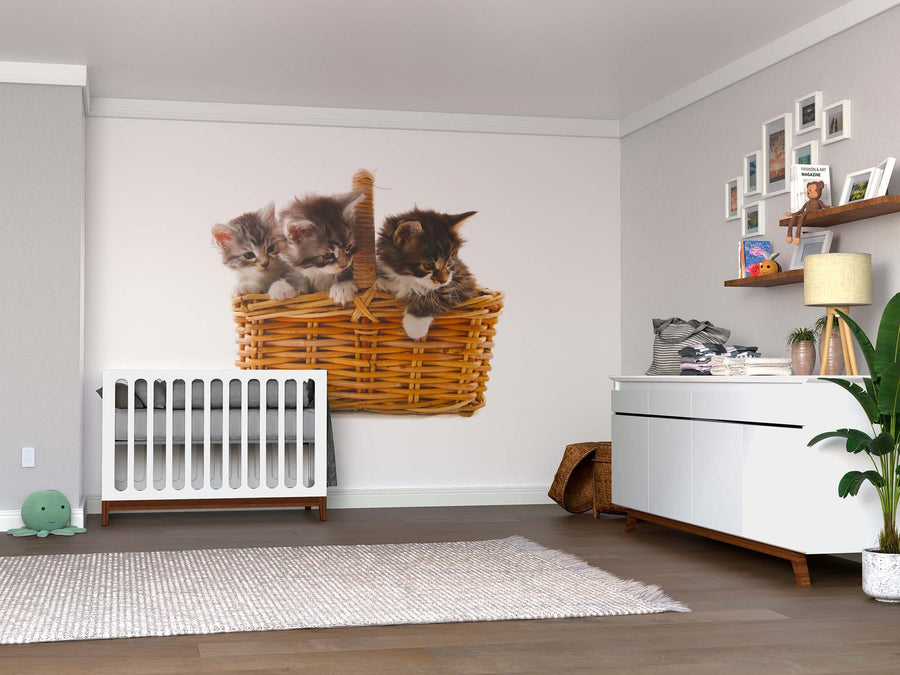 A nursery with gray walls, wooden floors, a white crib, dresser, shelves, green plant, toy turtle, and framed photos features the Cute Kittens Wall Mural—a large peel-and-stick mural showing three kittens in a wicker basket.