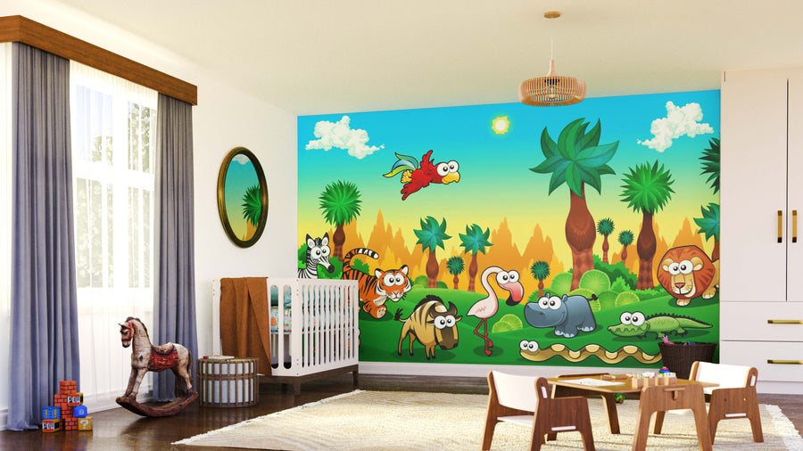 A bright nursery with a large window, crib, and rocking horse. The wall features the Cute Wildlife Animals Wall Mural, displaying jungle animals against a sunset sky. Blocks and toys are scattered across the floor.
