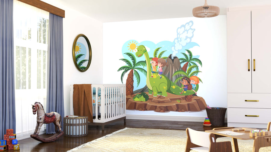 A bright nursery features a crib, rocking horse, and toys. The "Dino Adventure Ride Wall Mural" showing children on a green dinosaur by a volcano adds charm, while sunlight streams through large windows with white curtains.