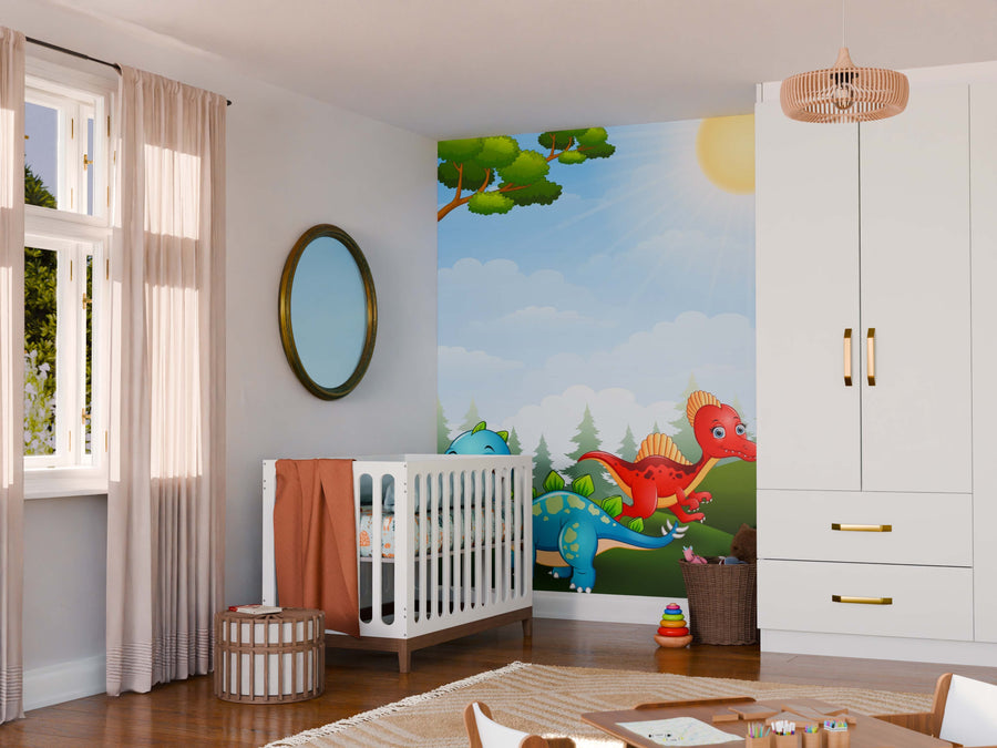 A light, airy nursery features a white crib by the wall, neutral curtains, and a wicker basket. The back wall displays the colorful Dinosaur Playtime Wall Mural. White cabinets and a rug complete this cozy space.