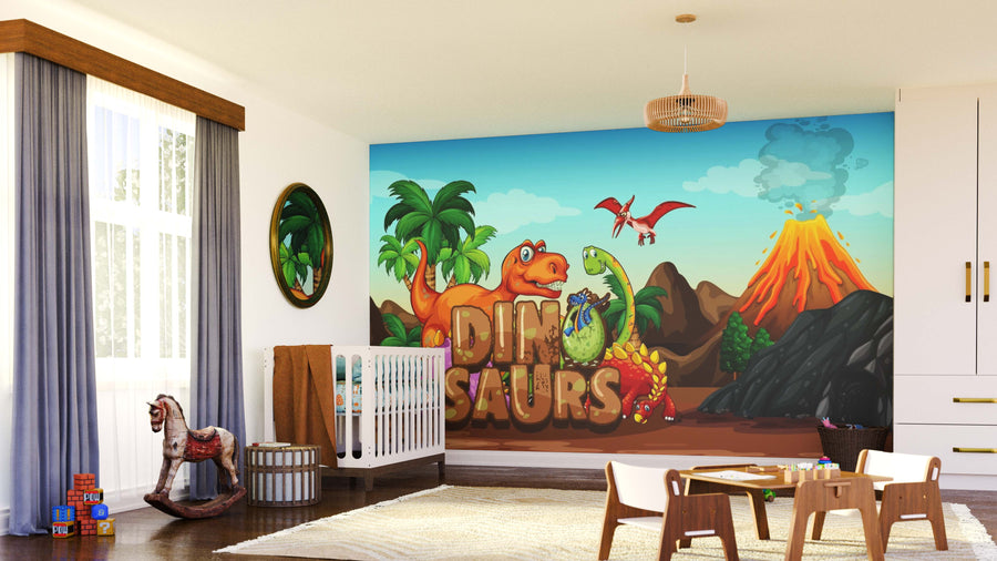 A vibrant nursery showcases the Dinosaurs and Lava Wall Mural, featuring cartoon dinosaurs, a volcano, palm trees, and bold "DINOSAURS" text. The space includes a crib, rocking horse, toys, play table with chairs, and large windows with blue curtains.