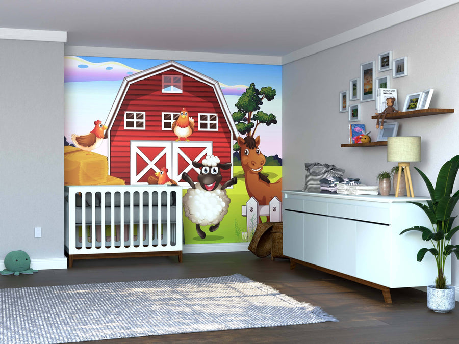 A nursery features the Farm Animals Wall Mural with a red barn, sheep, horse, and chickens. A white crib, plants, toys, framed photos, wood flooring, and a light rug complete the bright and playful room.