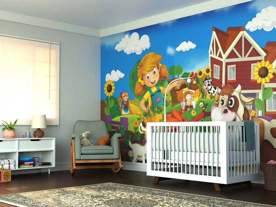 A cheerful nursery features the Farm Family Wall Mural with cartoon animals, a girl, sunflowers, and a red barn, plus a white crib, rocking chair with teddy bear, rug, toy shelf, and window with sheer curtains.