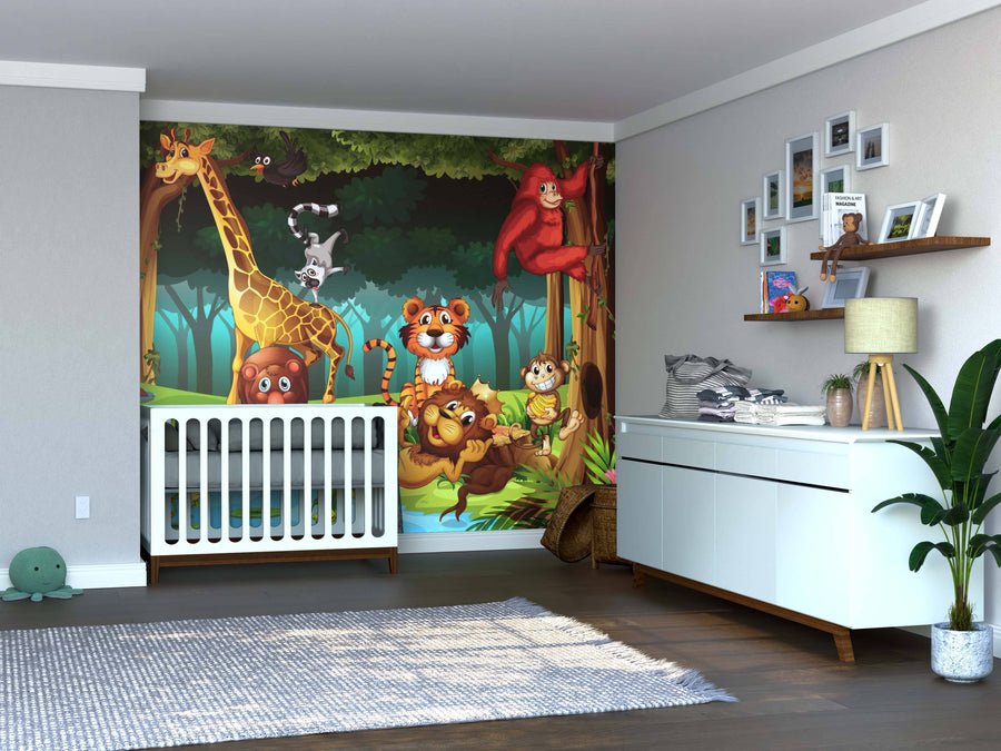 A nursery featuring a white crib, changing table, and the Forest Adventure Wall Mural—an easy peel and stick mural with cartoon animals like giraffe, tiger, monkey, elephant, owl, and birds. Shelves with decor and plants add a cozy, modern touch.