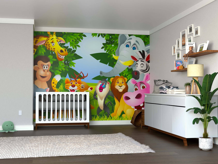 Create a playful nursery with a white crib, dresser, greenery, and the Forest Animal Fun Wall Mural featuring cartoon jungle animals. This peel-and-stick mural makes decorating easy. Complete the look with toys, baby essentials, and framed pictures.
