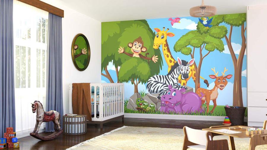 A bright, tidy nursery with a crib, rocking horse, and round mirror features the Forest Safari Friends Wall Mural—cartoon jungle animals among green trees and blue sky—while sunlight pours through tall windows.