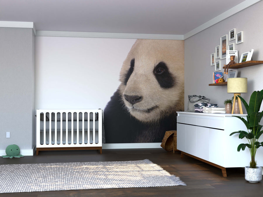 A modern nursery features a Giant Panda Wall Mural, a white crib, a dresser with lamp and toys, decor on wall shelves, a woven basket, a plush green turtle toy on the floor, and a large leafy plant in the corner.