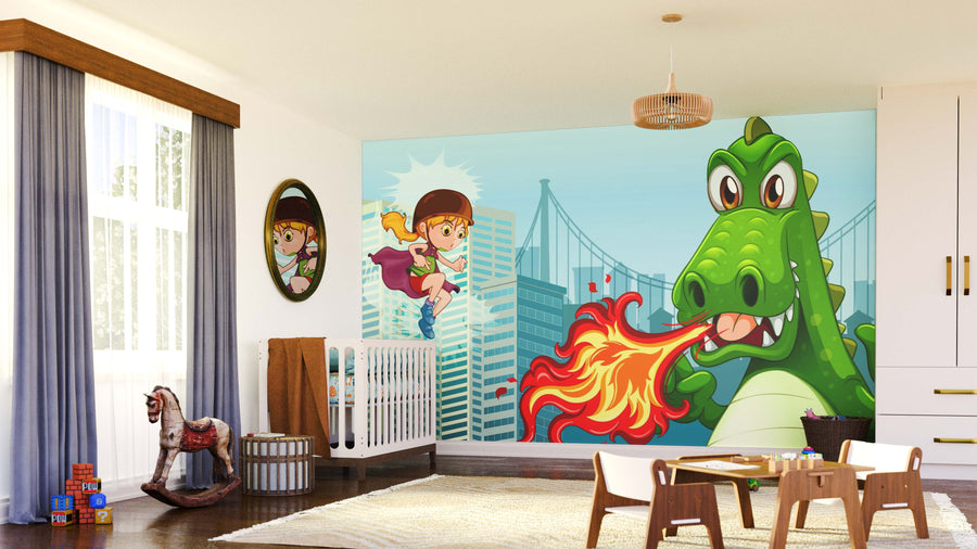 A child’s room decorated with the Girl Versus Dragon Wall Mural, featuring a girl skateboarding in front of buildings and a fire-breathing dragon, along with a crib, rocking horse, building blocks, and blue curtains by a large window.
