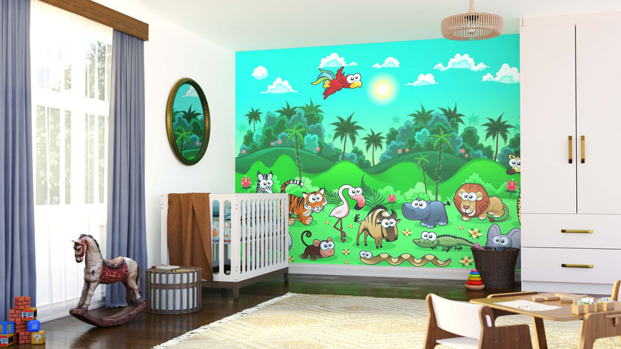 A bright nursery with a white crib, rocking horse, and basket features the Goofy Jungle Friends Wall Mural—cartoon jungle animals amid palm trees and green hills. Sunlight streams in from a window with blue curtains.