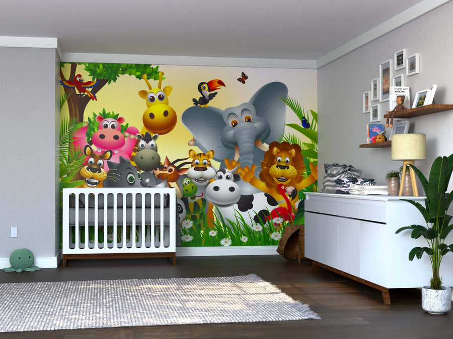 A bright nursery with a white crib and dresser features the Happy Animals Wall Mural—a colorful peel and stick design of cartoon jungle animals (elephant, giraffe, lion, zebra, hippo) among greenery, flowers, and a butterfly for easy style and fun.