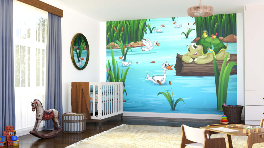 A bright nursery features a crib, rocking horse, and toys. The wall displays the Happy Turtle and Friends Wall Mural, showing a turtle with ducklings in a sunny pond, adding cheerful color and charm as light pours in from a large window.