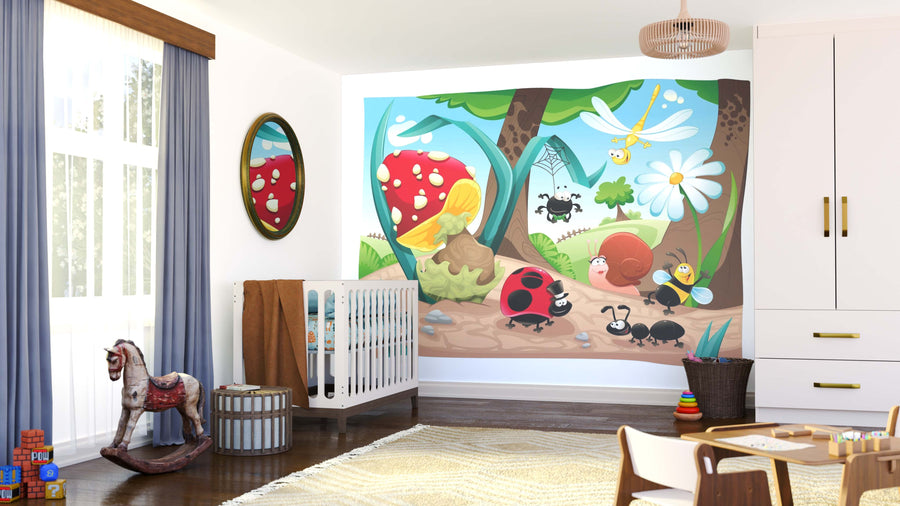 A bright children’s room with a crib, rocking horse, and toys features the Insect World Wall Mural—a vibrant forest scene with insects, mushrooms, flowers, and grass under a sunny sky.