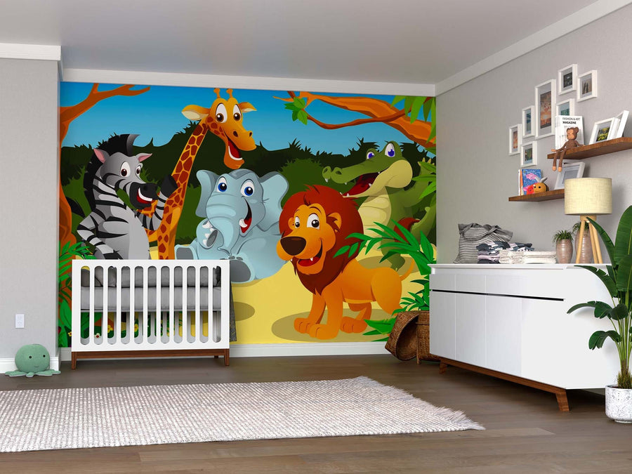 A nursery with a white crib and dresser features the Jungle Animals Wall Mural—a vibrant peel and stick design with cartoon zebra, giraffe, elephant, lion, and crocodile amid green foliage. Wooden floors, a plant, and shelves complete this cozy space.