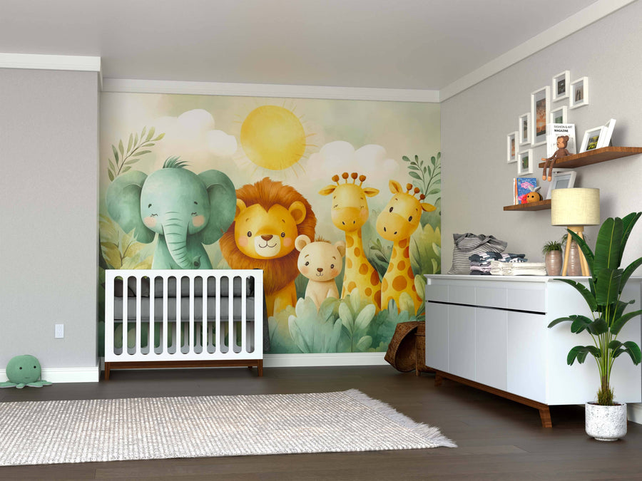 A nursery with a crib and dresser features the Jungle Buddies Wall Mural—cartoon elephants, lions, giraffes, and a monkey under the sun. Neutral walls, floating shelves, and baby essentials complete this cozy space.
