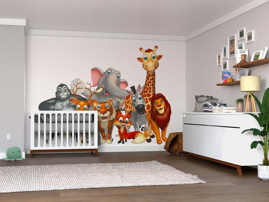 A nursery room with a white crib, dresser, and the Jungle Crew Wall Mural featuring cheerful cartoon jungle animals as peel-and-stick decor. Wooden floors, plants, framed photos, and playful removable wallpaper complete the look for easy decorating.