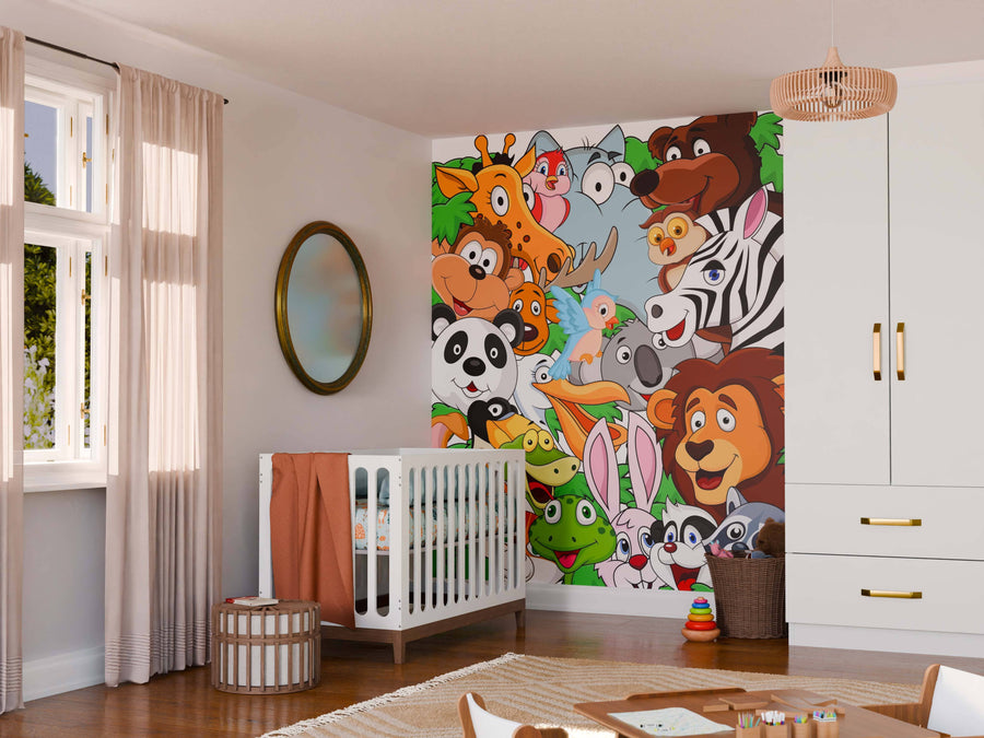 A nursery with a white crib, beige curtains, and a round mirror features the Jungle Friends Wall Mural—a colorful removable cartoon animal design. Bright and cheerful, this child's room is easy to refresh with Peel and Stick Wall Murals.