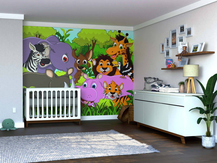 A nursery featuring a crib, white dresser, and the Jungle Party Wall Mural with cartoon jungle animals and green trees. Baby items and framed photos on the shelves add a playful vibe to the space.