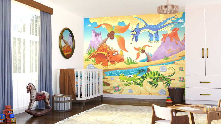 A colorful children’s room with a crib and toys features the playful Jurassic Lava Land Wall Mural. Sunlight streams through large windows with blue curtains, making the tidy space cheerful and inviting.