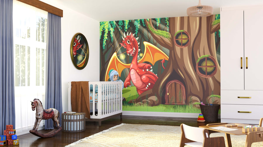 A bright nursery with a crib, rocking horse, toys, and white furniture. The wall displays the Knight and Red Dragon Wall Mural showing a red dragon by a tree house. Sunlight streams in through a large window with blue curtains.