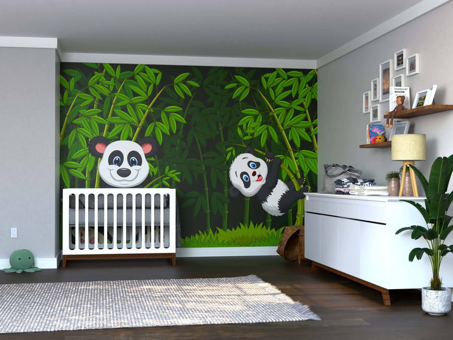 A nursery showcases the Mom and Baby Panda Wall Mural with two cartoon pandas among bamboo. Removable wallpaper simplifies decor updates. The room includes a white crib, framed art, a teddy bear, and a plush turtle on hardwood floors with a gray rug.