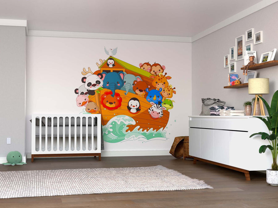A nursery with a crib, dresser, shelves, and wooden floors features the Noah's Ark Animals Wall Mural with cute animals on blue waves. Cozy decor completes this charming space.