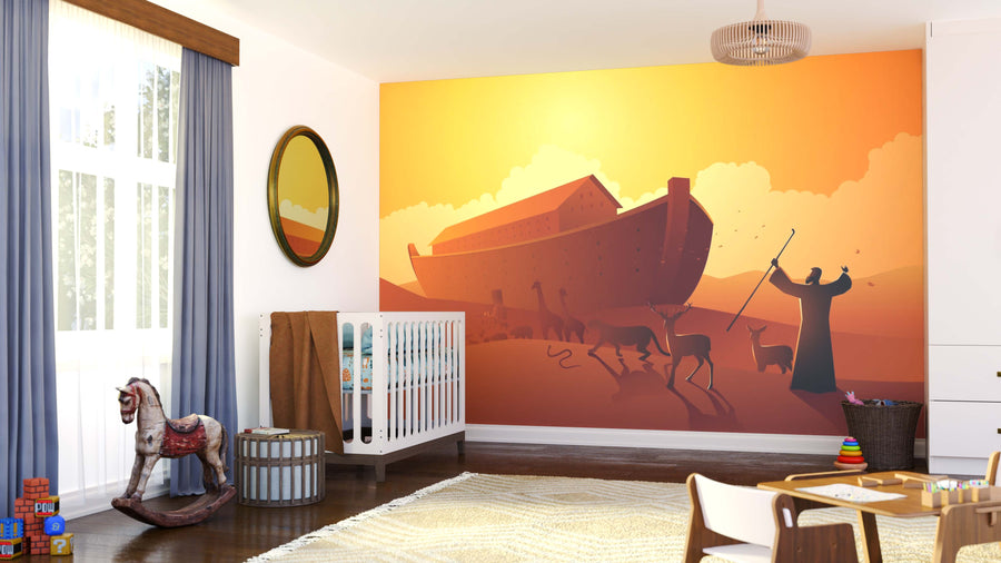 A nursery room showcases the Noah’s Ark Wall Mural at sunset, with animals and a figure holding a staff. The space includes a white crib, rocking horse, toy blocks, circular rug, and soft neutral furnishings.