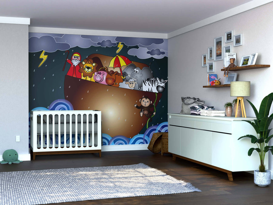 A nursery room features a crib, dresser, and shelves with toys and photos. The wall displays our Noah's Ark Wall Mural with cartoon animals and Noah in a storm. A green plant stands by the dresser. Try this peel and stick mural for easy updates.