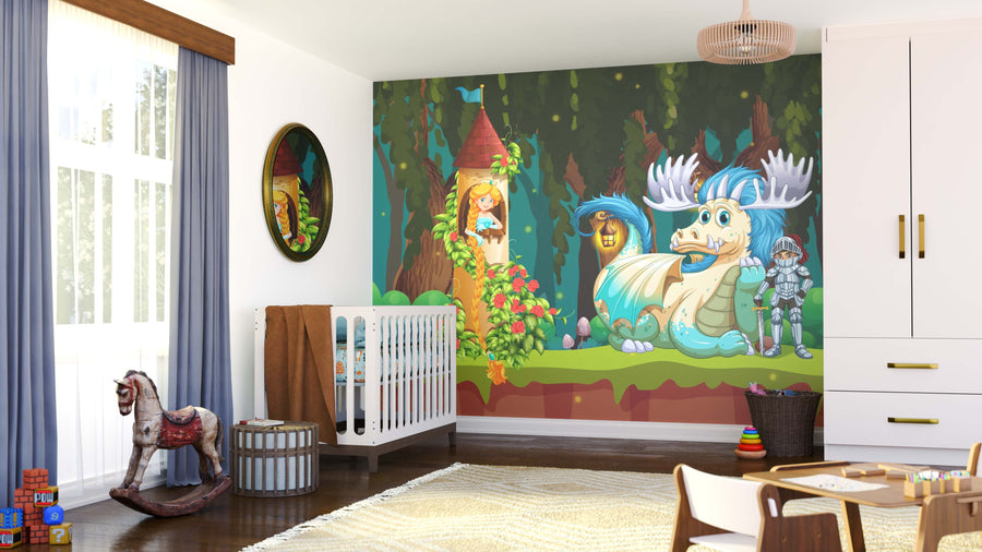 A sunlit nursery with a crib, rocking horse, toys, and the Princess in the Tower Wall Mural—featuring a princess, blue dragon, knight, and forest. Blue curtains and playful decor create a whimsical atmosphere.