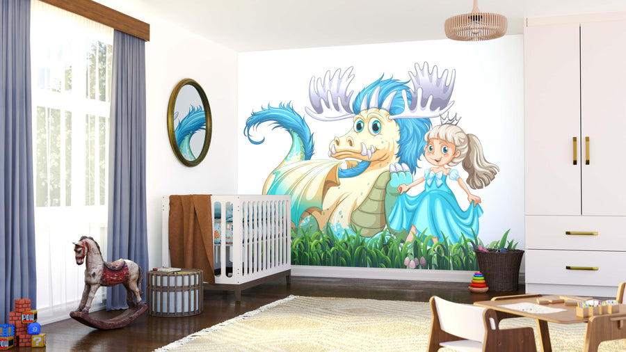 A cheerful kids’ room decorated with the "Princess with Dragon Wall Mural," showing a blue dragon with antlers and a smiling girl in grass. The space includes a crib, rocking horse, toy blocks, blue curtains, basket, and white furniture.