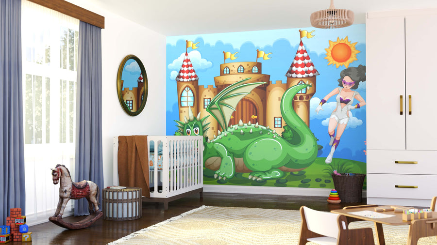 A bright nursery features the Resting Dragon Wall Mural with a green dragon, castle, and superhero woman. The room includes a crib, rocking horse, toys, window with sheer curtains, round mirror, and white furniture.