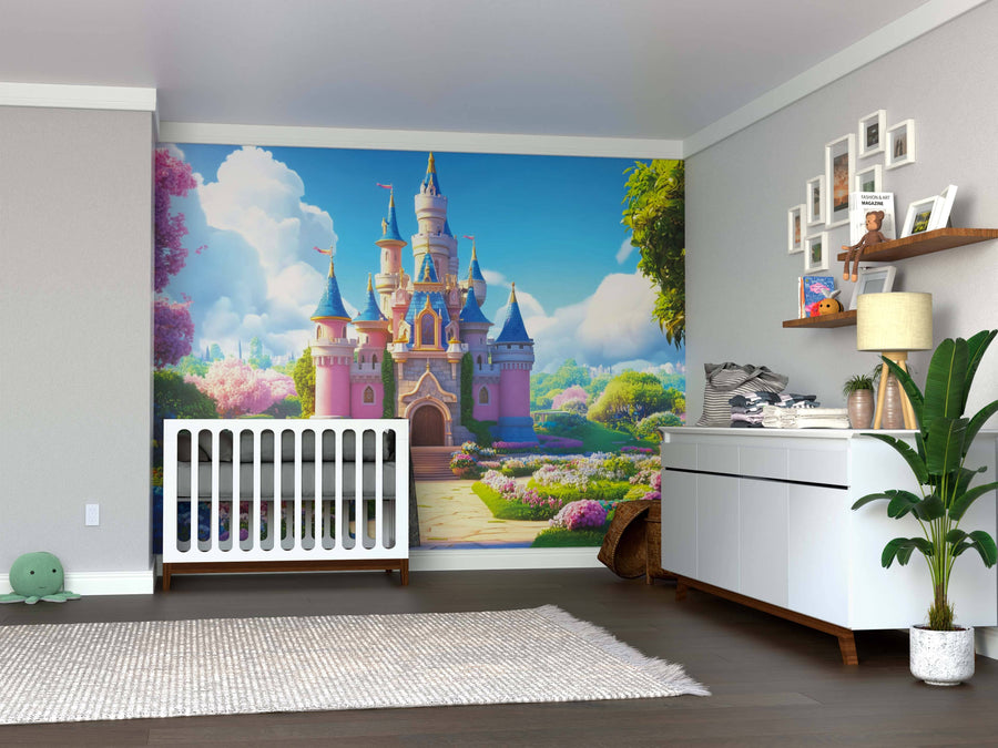 A nursery room features a white crib, dresser, shelves, and a plant by the dresser. Behind the crib, the Royal Garden Castle Wall Mural displays a colorful fairytale castle with turrets, flags, trees, and clouds for a whimsical touch.