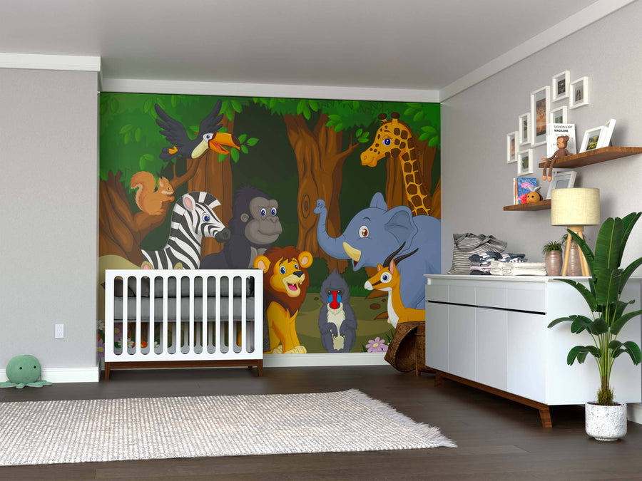 A nursery with a white crib and dresser features the Safari Adventure Wall Mural, showing cartoon animals—zebra, lion, gorilla, elephant, giraffe, toucan, penguin, squirrel—amid trees. Decorative shelves and framed photos adorn the walls.