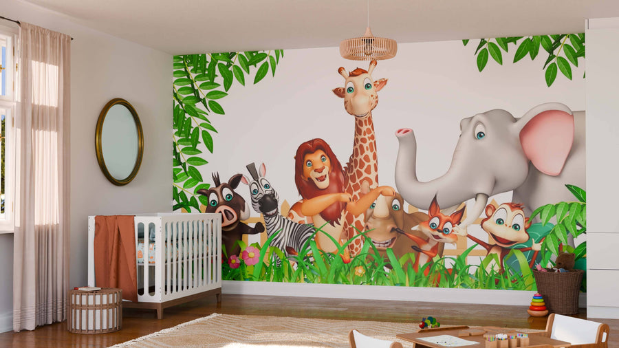 A bright nursery with a crib, toys, and the Safari Adventure Gang Wall Mural—featuring smiling cartoon jungle animals among lush green leaves—creates a cheerful space filled with natural light and playful decor.