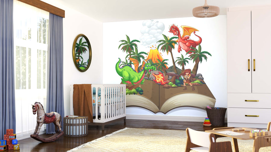 A bright nursery features a crib, rocking horse, toys, blue curtains, white cabinets, and the Volcano Battle Wall Mural—dragons and a volcano with pirates and palm trees bursting from an open book—for a playful, cozy vibe.