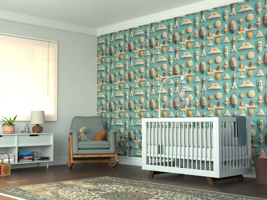 A cozy nursery featuring the Whimsical Space Adventure Wall Mural in blue and orange, a white crib with mobile, cushioned armchair with stuffed bunny, white bookshelf with books and lamp, a light-shaded window, and patterned rug on dark wood floor.