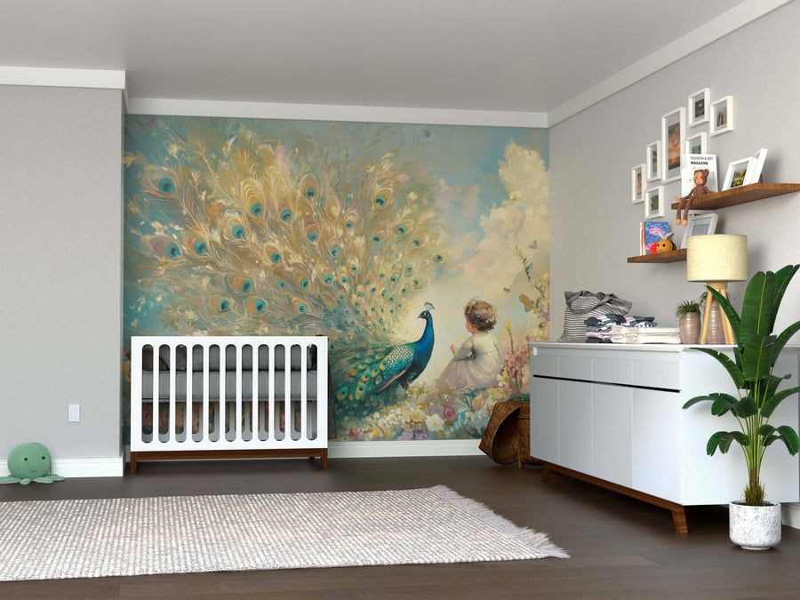 A nursery features the Whispers of the Peacock Wall Mural behind the crib, light gray walls, modern decor, toys, baby supplies, a soft rug, and dark wood floors for a whimsical touch.