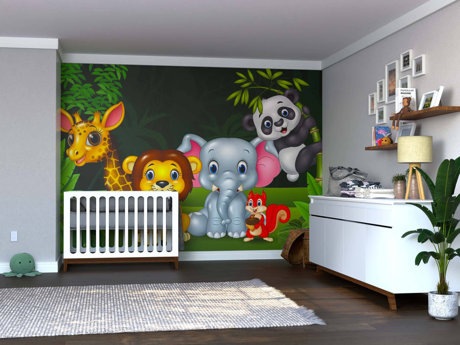 A cozy, modern nursery features a white crib, wooden floor, and dresser. The wall displays the Wildlife Adventure Wall Mural with cartoon jungle animals among greenery, while soft toys and plants add charm to the room.