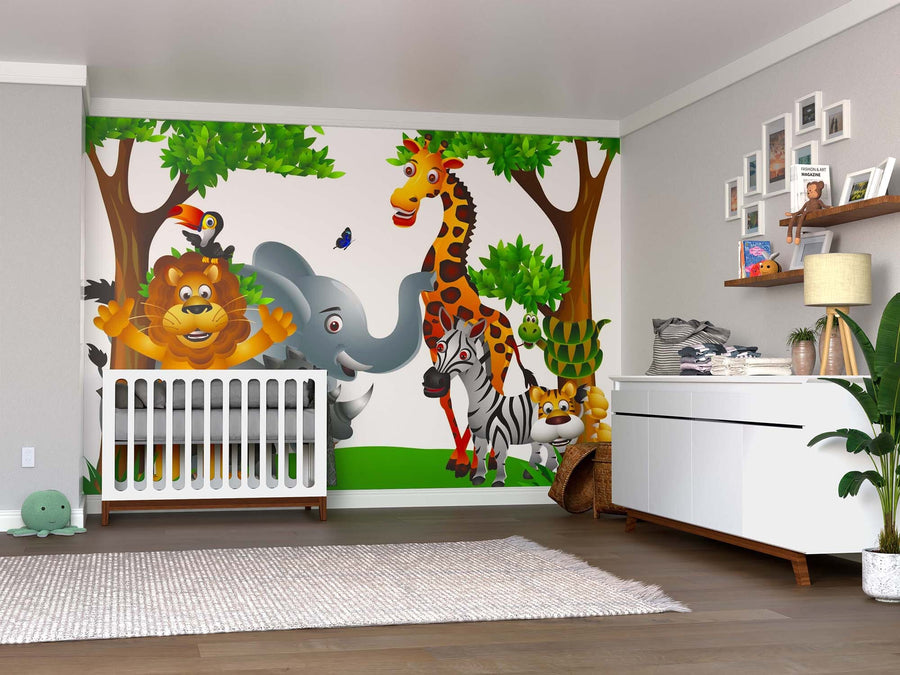 A nursery with a crib, dresser, and shelves features the Wildlife Group Wall Mural—colorful, peel-and-stick cartoon jungle animals under green trees—creating a cheerful atmosphere that’s easy to update with removable wallpaper.