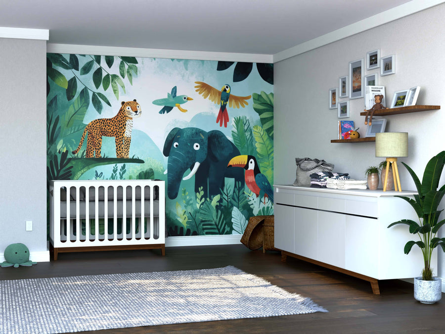 A nursery displays the Wildlife in Harmony Wall Mural—showing a leopard, elephant, parrot, and toucan above a white crib—alongside a dresser with a plant, wall shelves, framed photos, wooden floors, and modern natural decor.