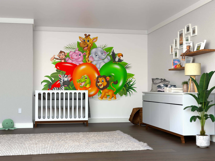 A nursery with a white crib, white dresser, potted plant, and the Zoo Friends Wall Mural of cartoon jungle animals surrounded by greenery. The room features peel and stick mural accents, wood flooring, neutral walls, and a plush rug.