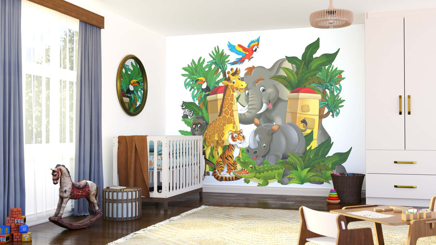 A bright nursery features a crib, rocking horse, toy blocks, and the Zoo Squad Wall Mural—peel and stick décor with cartoon jungle animals and green leaves. Sunlight streams in through a window with blue curtains.