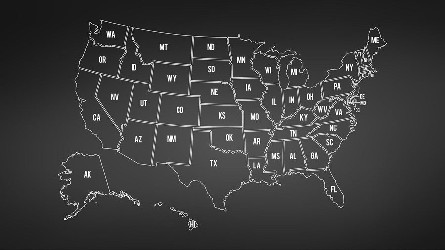 The "Outline of America Wall Mural" features a dark background map of the United States, showcasing white state borders and two-letter state abbreviations. Alaska and Hawaii appear in the bottom left corner, offering a simple design without extra geographic or demographic details.