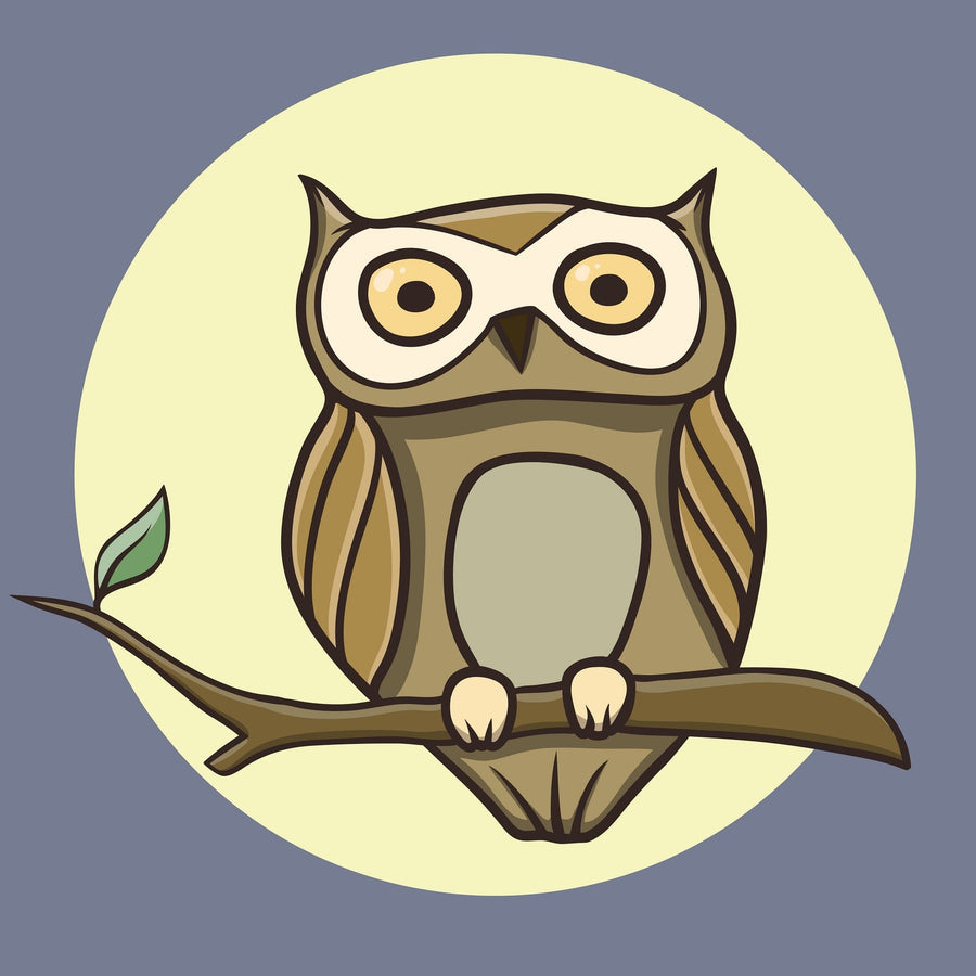 A cozy nursery with wooden floors features the Owl Doodle Wall Mural, showing a cartoon owl on a branch. The room includes a white crib with orange bedding, wicker decor, a round mirror, toy baskets, and sunlight through sheer curtains.