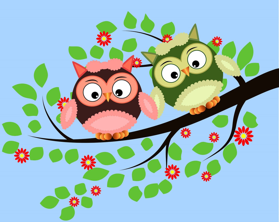 A nursery with light walls, a white crib, and the Owl Duo Wall Mural showing two cartoon owls on a leafy branch. Features include a dresser with decor, floating shelves with frames, potted plant, gray rug, and wooden floors for playfulness.