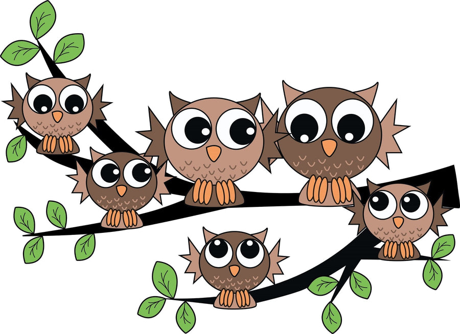 A modern nursery with a white crib, dresser, plant, and shelves features the Owl Family Wall Mural of five cartoon owls on branches. Wooden floors, neutral walls, and playful decor create a cozy atmosphere.