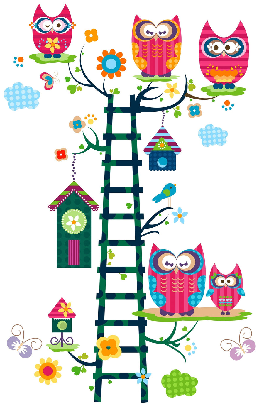 A modern nursery featuring a white crib, baby dresser, green plant, and an Owl Tree Wall Mural with colorful owls. The room has hardwood floors, gray walls, framed photos on floating shelves, a ladder, and playful cloud accents.